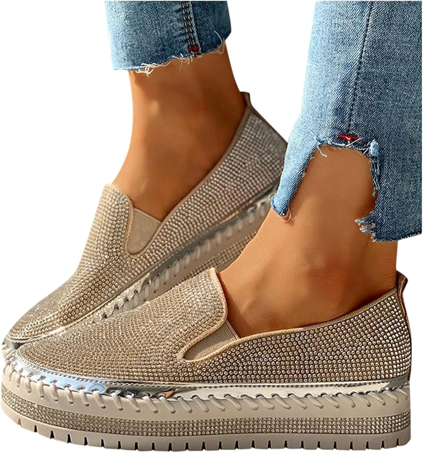 Women's Platform Slip-on Sneakers Round Toe Low Cut Thick Sole Slip On Rhinestones Shoes Flats Flat Skate Walking Shoes