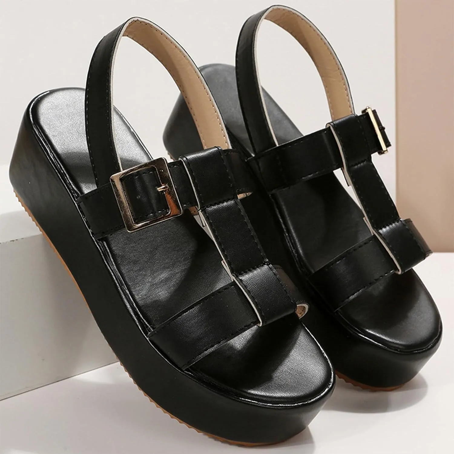 Women's Platform Wedg Sandals Summer Breathable Walking Orthopedic Support Sandals Adjustable Ankle Buckle Open Toe Non-Slip Leather Beach Sandal Lightweight Walking Shoes