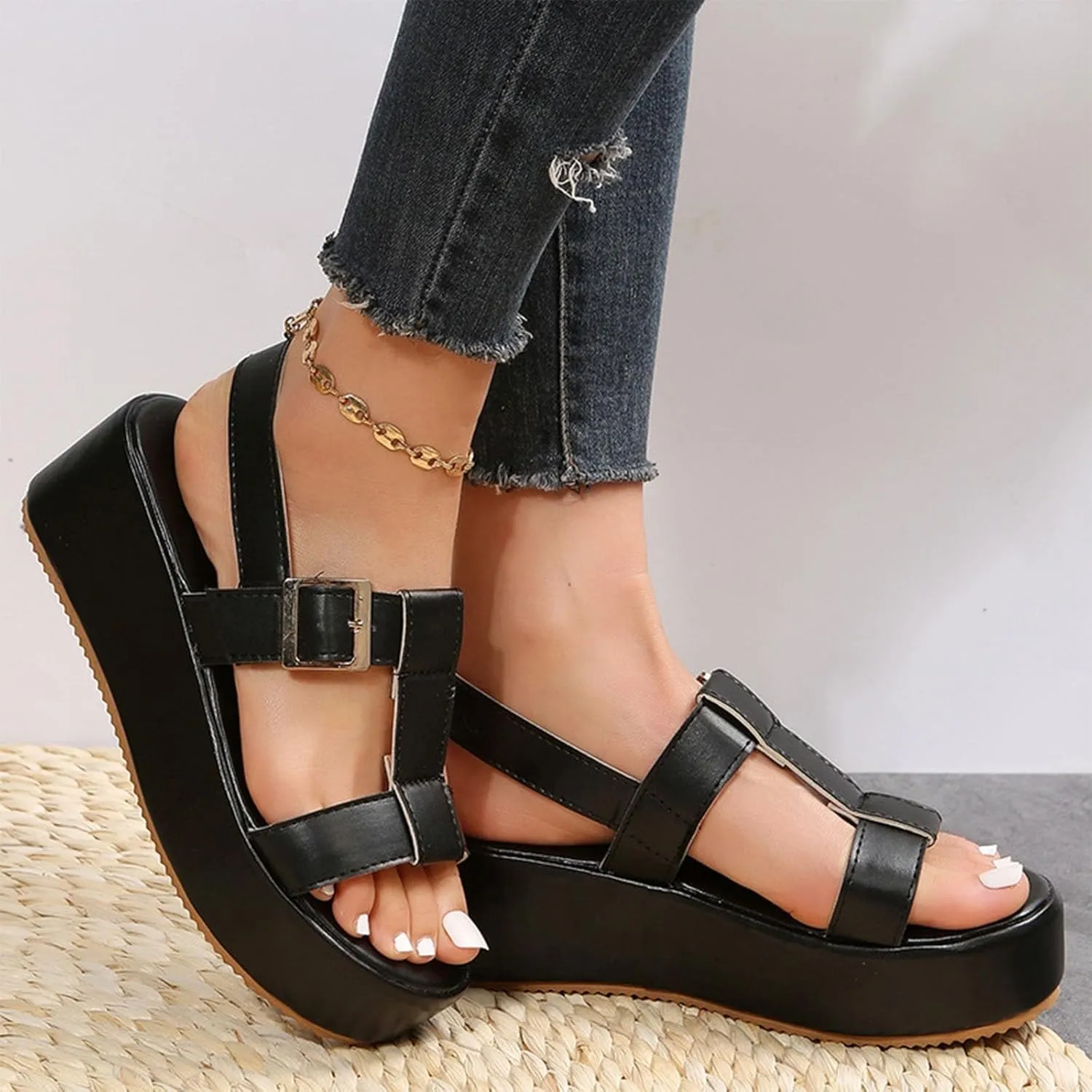 Women's Platform Wedg Sandals Summer Breathable Walking Orthopedic Support Sandals Adjustable Ankle Buckle Open Toe Non-Slip Leather Beach Sandal Lightweight Walking Shoes