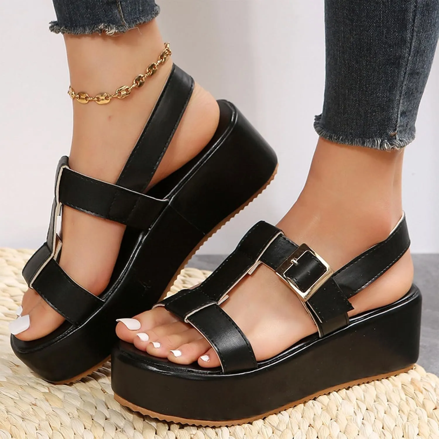 Women's Platform Wedg Sandals Summer Breathable Walking Orthopedic Support Sandals Adjustable Ankle Buckle Open Toe Non-Slip Leather Beach Sandal Lightweight Walking Shoes