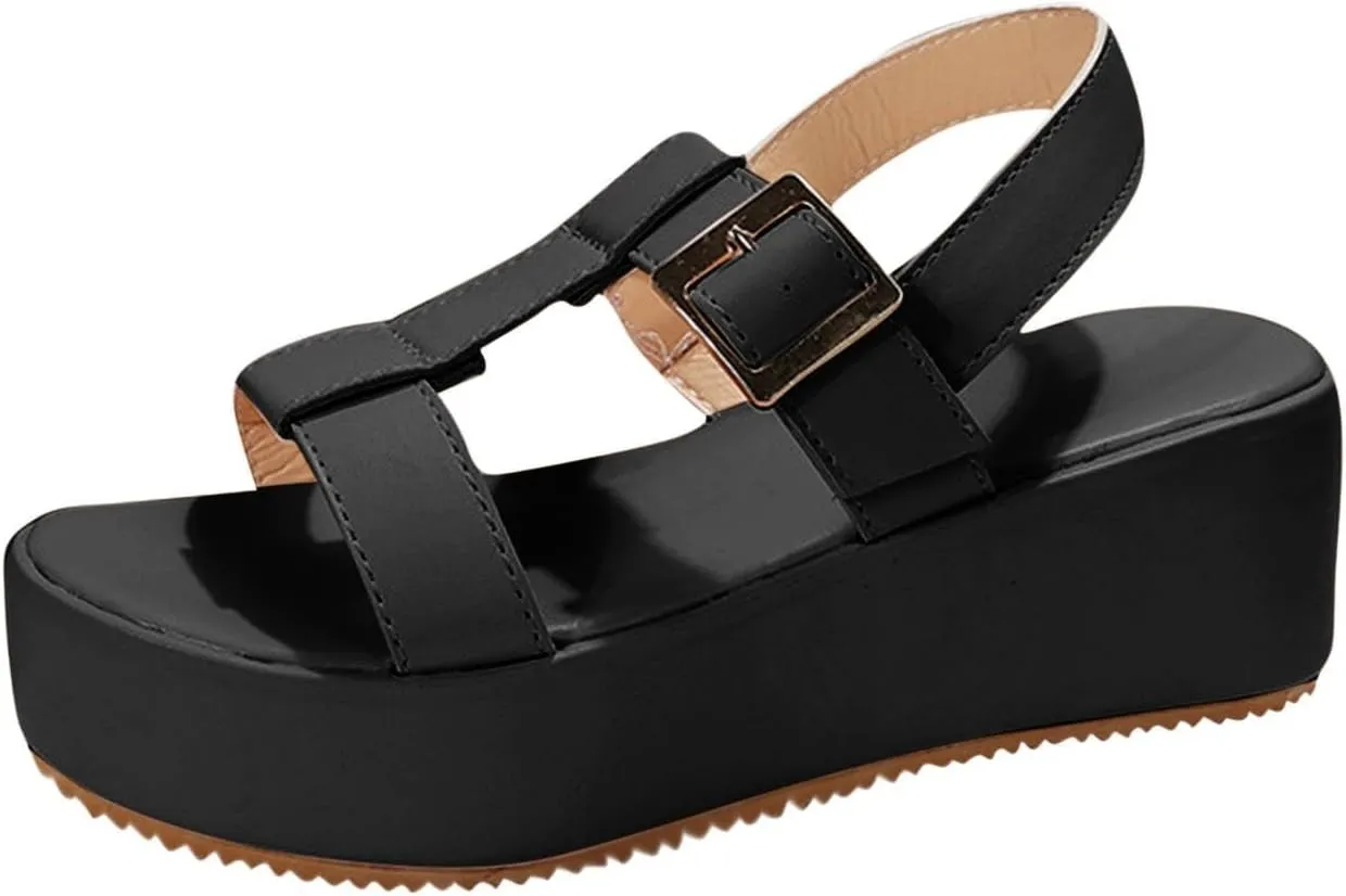 Women's Platform Wedg Sandals Summer Breathable Walking Orthopedic Support Sandals Adjustable Ankle Buckle Open Toe Non-Slip Leather Beach Sandal Lightweight Walking Shoes