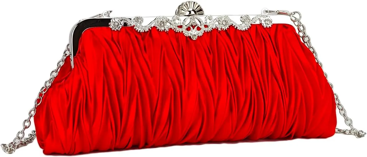 Women's Pleated Satin Evening Bags Rhinestone Clutch Purse Floral Tote Bag Chain Crossbody Shoulder Handbags