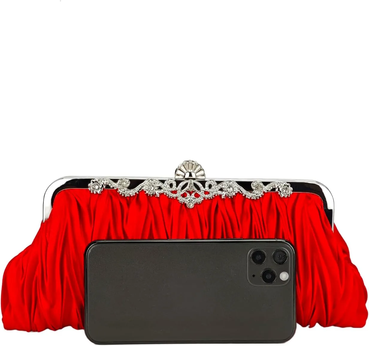 Women's Pleated Satin Evening Bags Rhinestone Clutch Purse Floral Tote Bag Chain Crossbody Shoulder Handbags