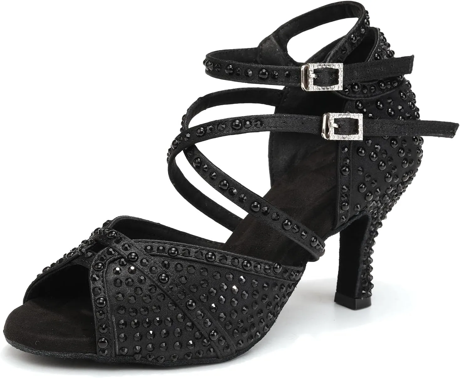 Women's Rhinestone Ballroom Dance Shoes 3 inch Heel Black Latin Salsa Bachata Performance Dancing Shoes, 8 B(M) US