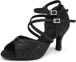 Women's Rhinestone Ballroom Dance Shoes 3 inch Heel Black Latin Salsa Bachata Performance Dancing Shoes, 8 B(M) US
