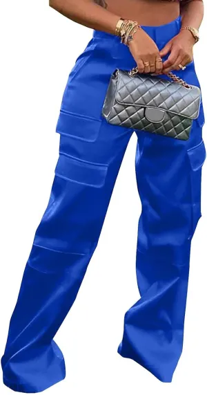 Women's Shiny Satin Cargo Pants Silky Metallic Extra Long Casual Trousers with Multi Pockets