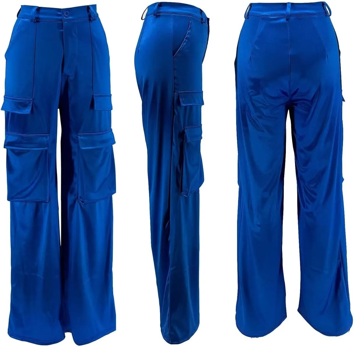 Women's Shiny Satin Cargo Pants Silky Metallic Extra Long Casual Trousers with Multi Pockets