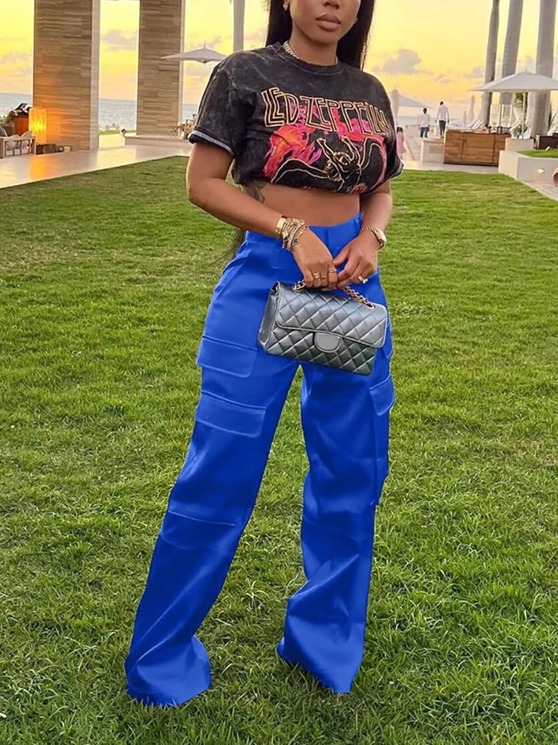 Women's Shiny Satin Cargo Pants Silky Metallic Extra Long Casual Trousers with Multi Pockets