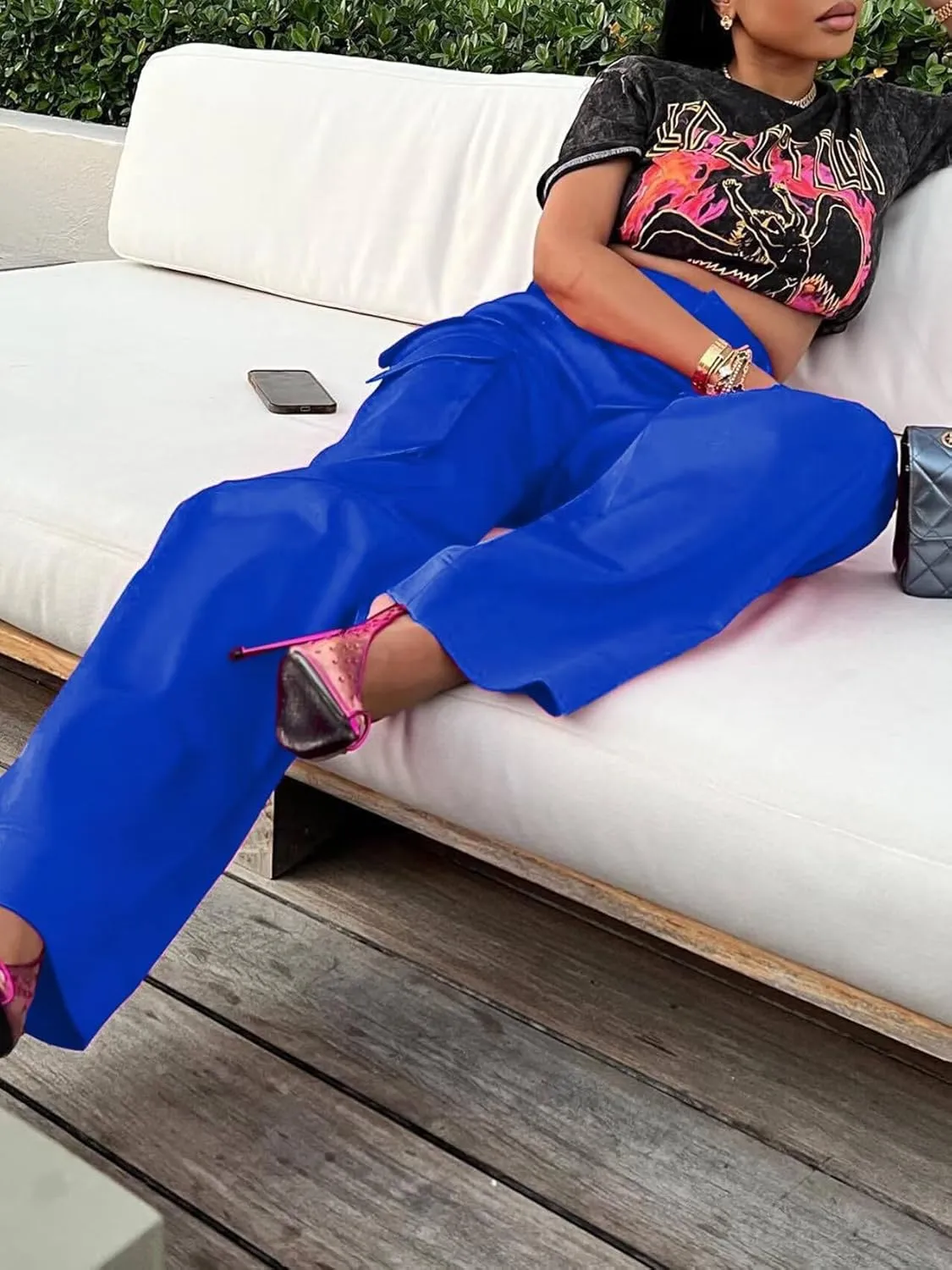 Women's Shiny Satin Cargo Pants Silky Metallic Extra Long Casual Trousers with Multi Pockets
