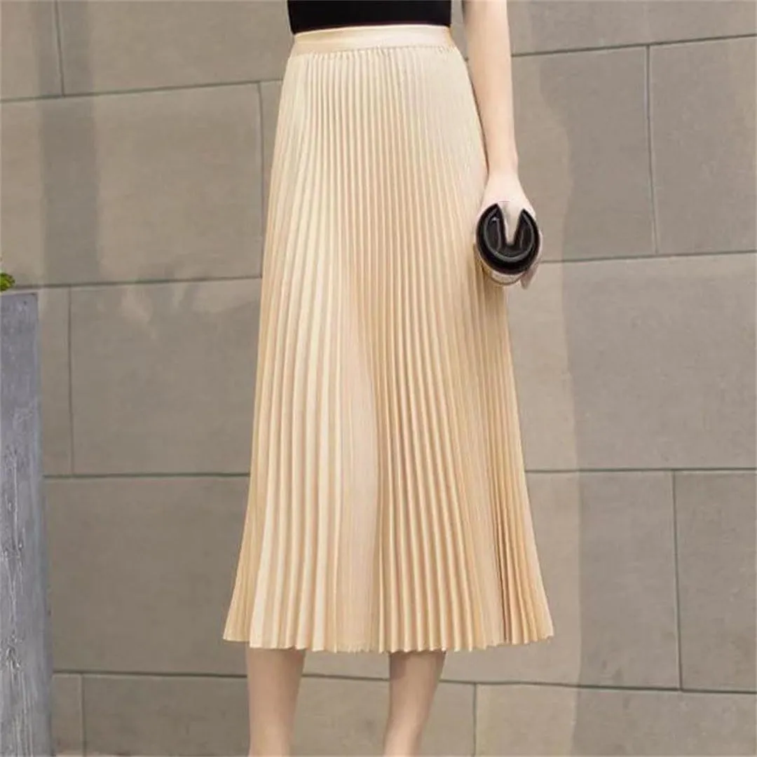 Womens Solid Color Pleated Straight Skirt Elastic Waist Long Dress