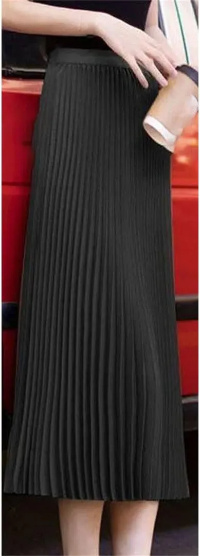 Womens Solid Color Pleated Straight Skirt Elastic Waist Long Dress