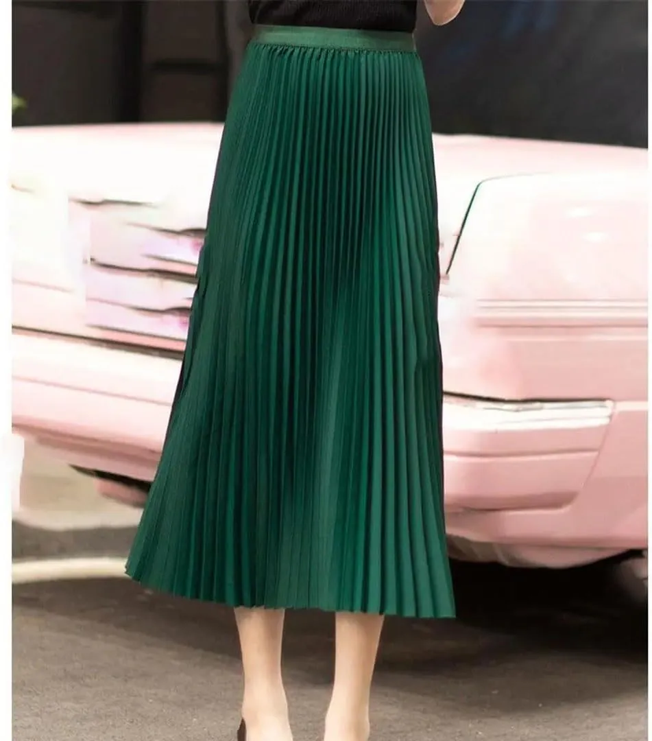 Womens Solid Color Pleated Straight Skirt Elastic Waist Long Dress