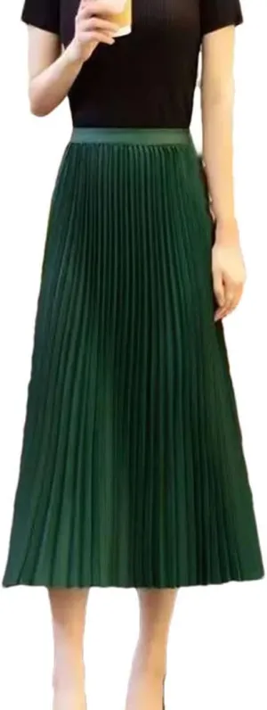 Womens Solid Color Pleated Straight Skirt Elastic Waist Long Dress