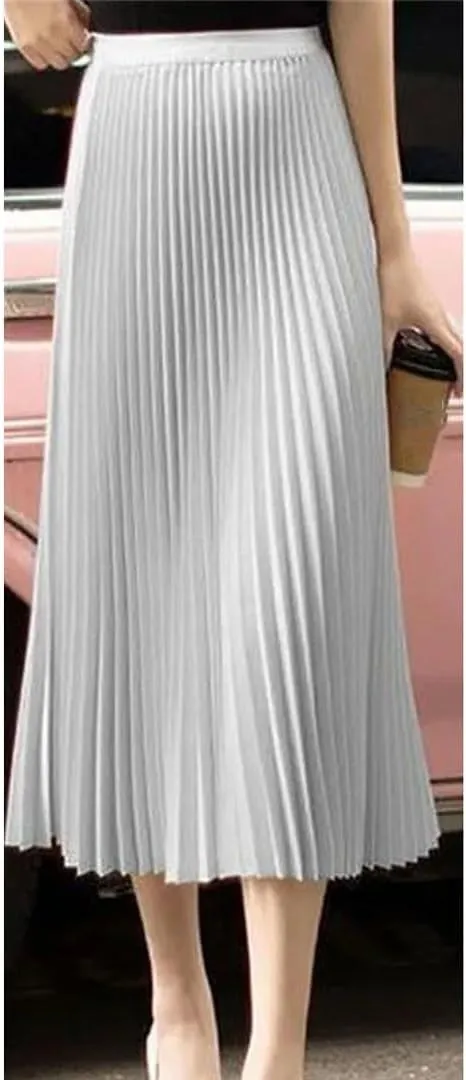 Womens Solid Color Pleated Straight Skirt Elastic Waist Long Dress