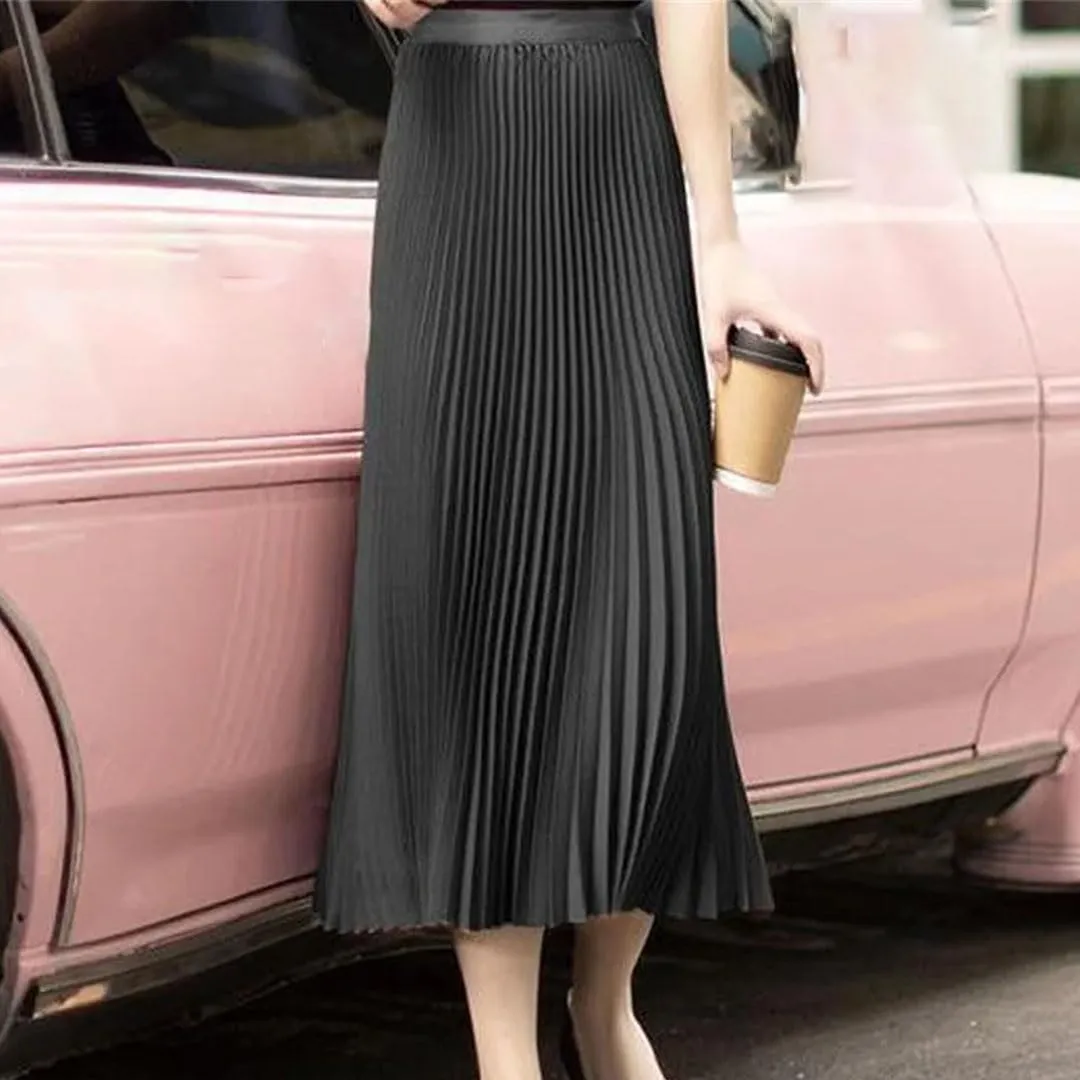 Womens Solid Color Pleated Straight Skirt Elastic Waist Long Dress