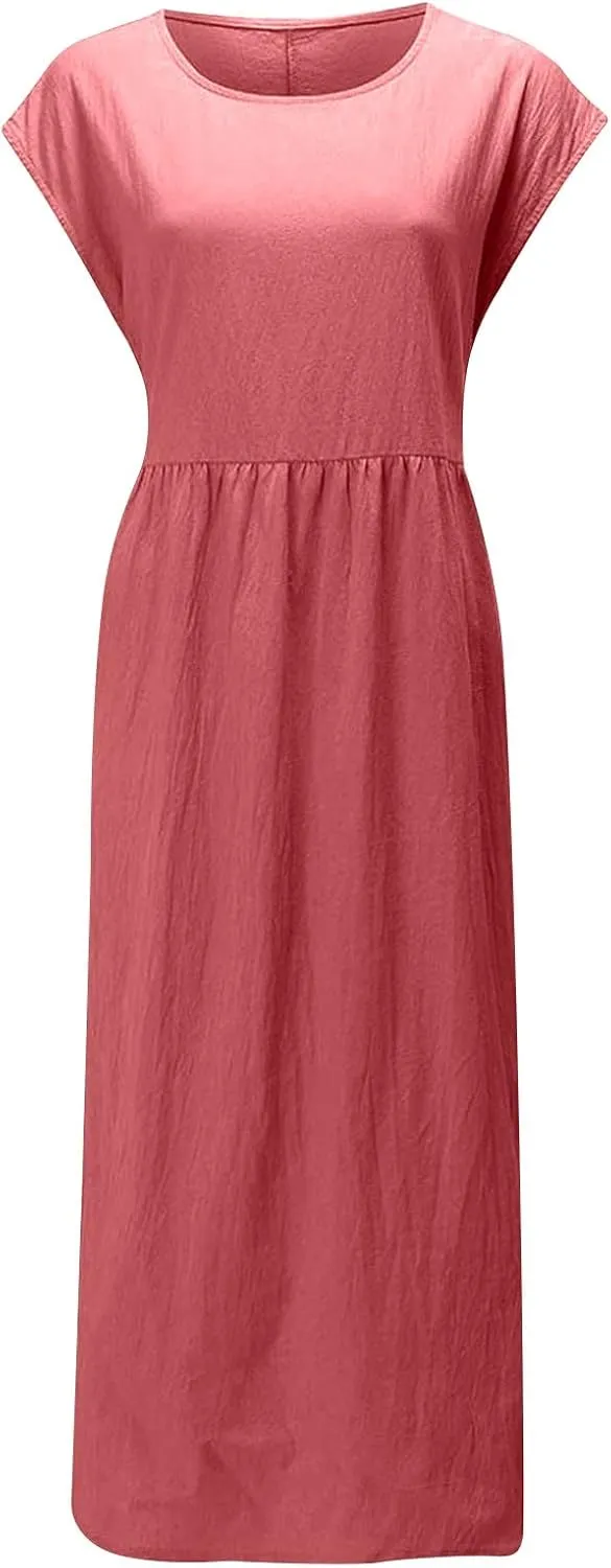 Women's Summer Cotton Linen Shirt Dress Short Sleeve Flowy Long Maxi Dresses Plus Size Vocation Party Dress