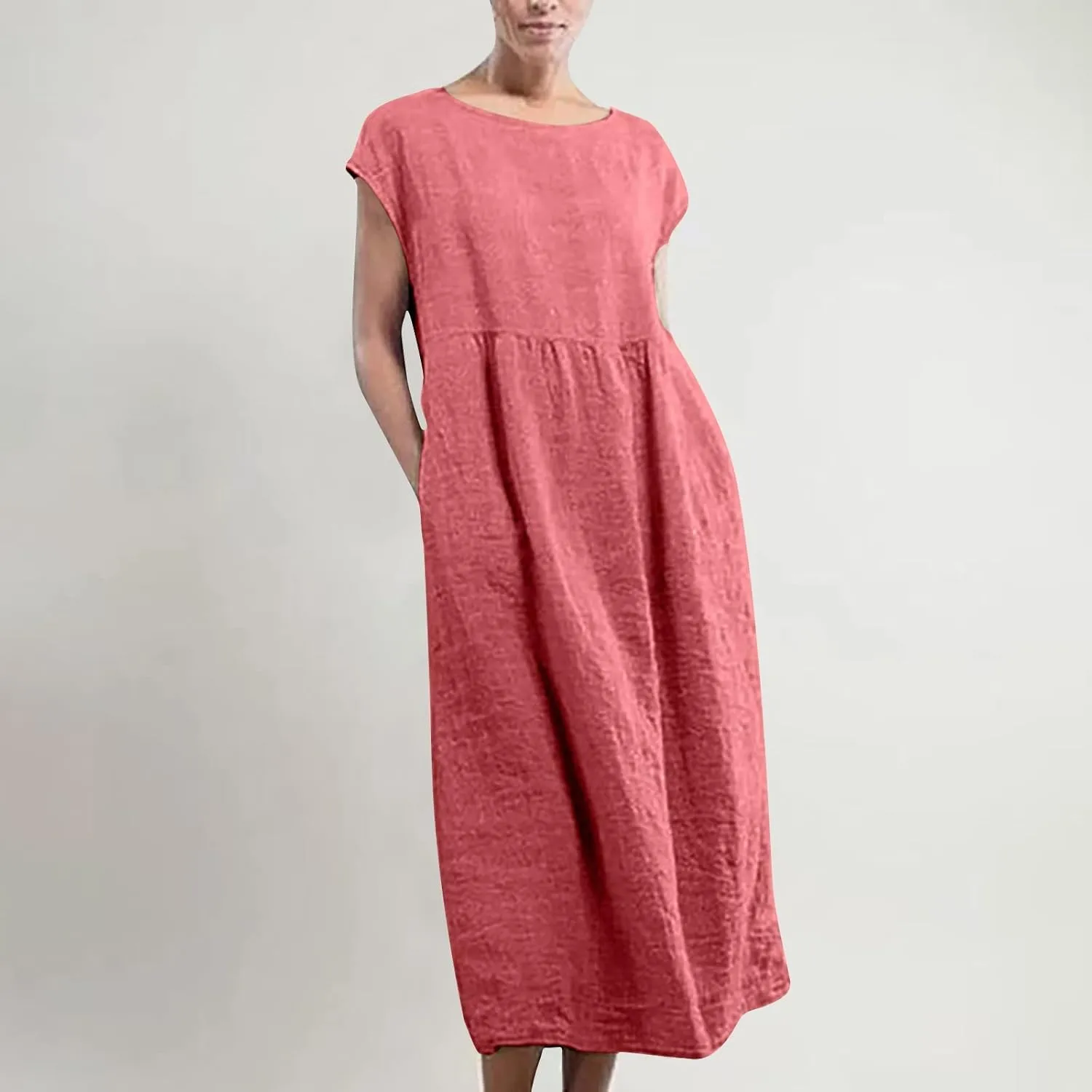 Women's Summer Cotton Linen Shirt Dress Short Sleeve Flowy Long Maxi Dresses Plus Size Vocation Party Dress
