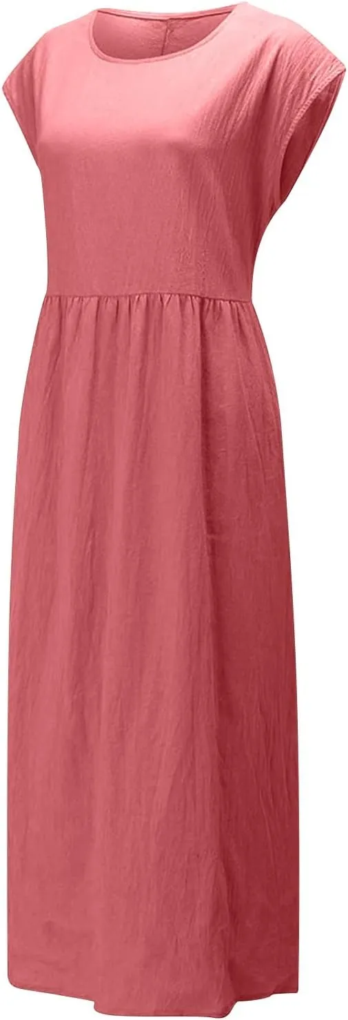 Women's Summer Cotton Linen Shirt Dress Short Sleeve Flowy Long Maxi Dresses Plus Size Vocation Party Dress