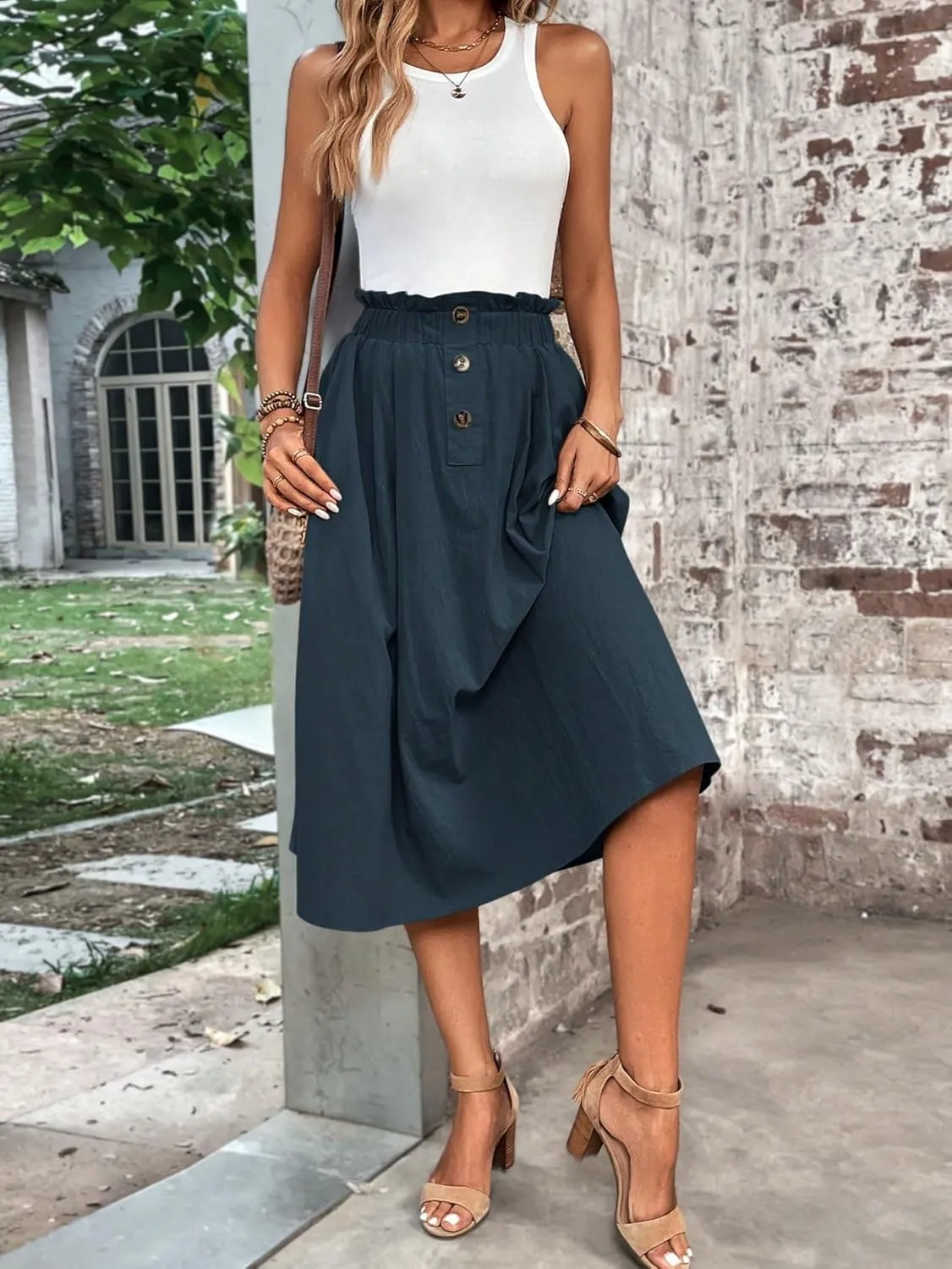 Womens Summer Flowy Skirt Dress Paperbag Waist Pocket Button Midi Skirt