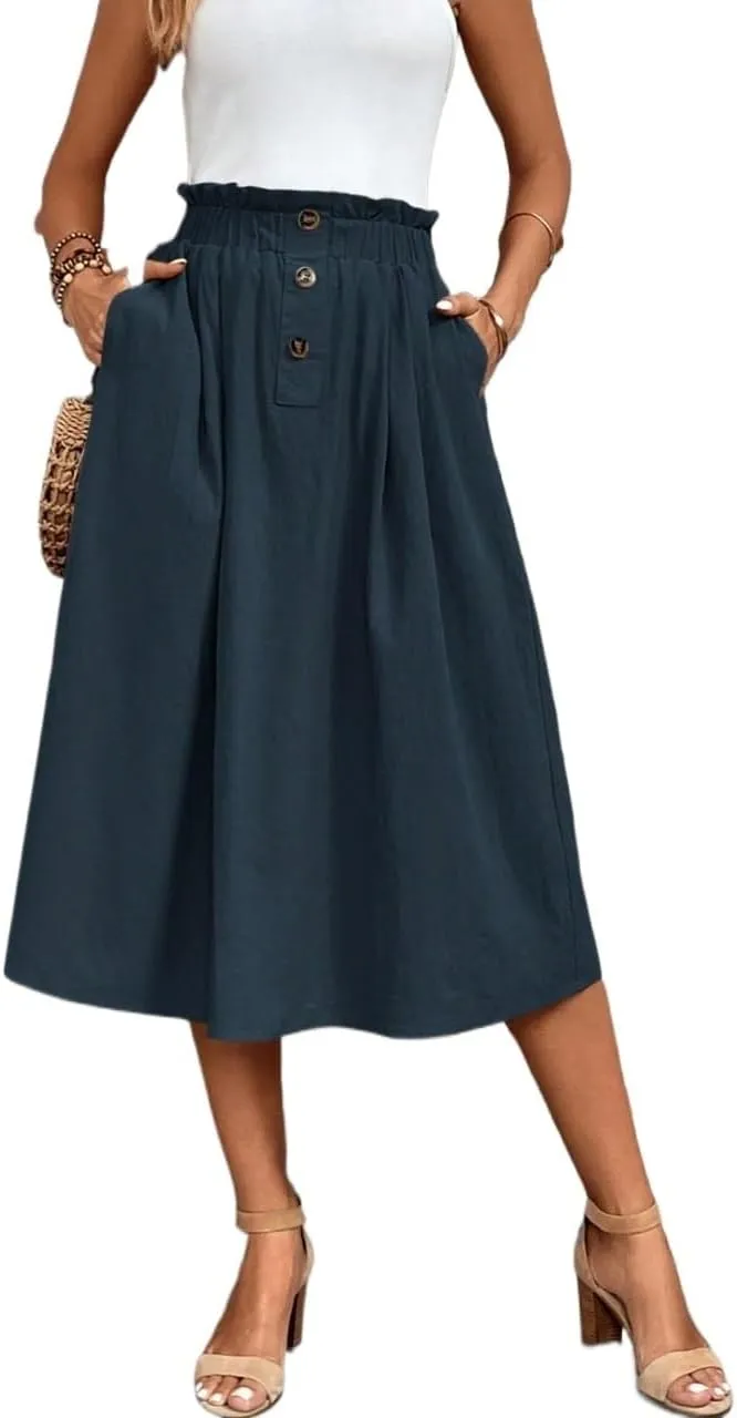 Womens Summer Flowy Skirt Dress Paperbag Waist Pocket Button Midi Skirt