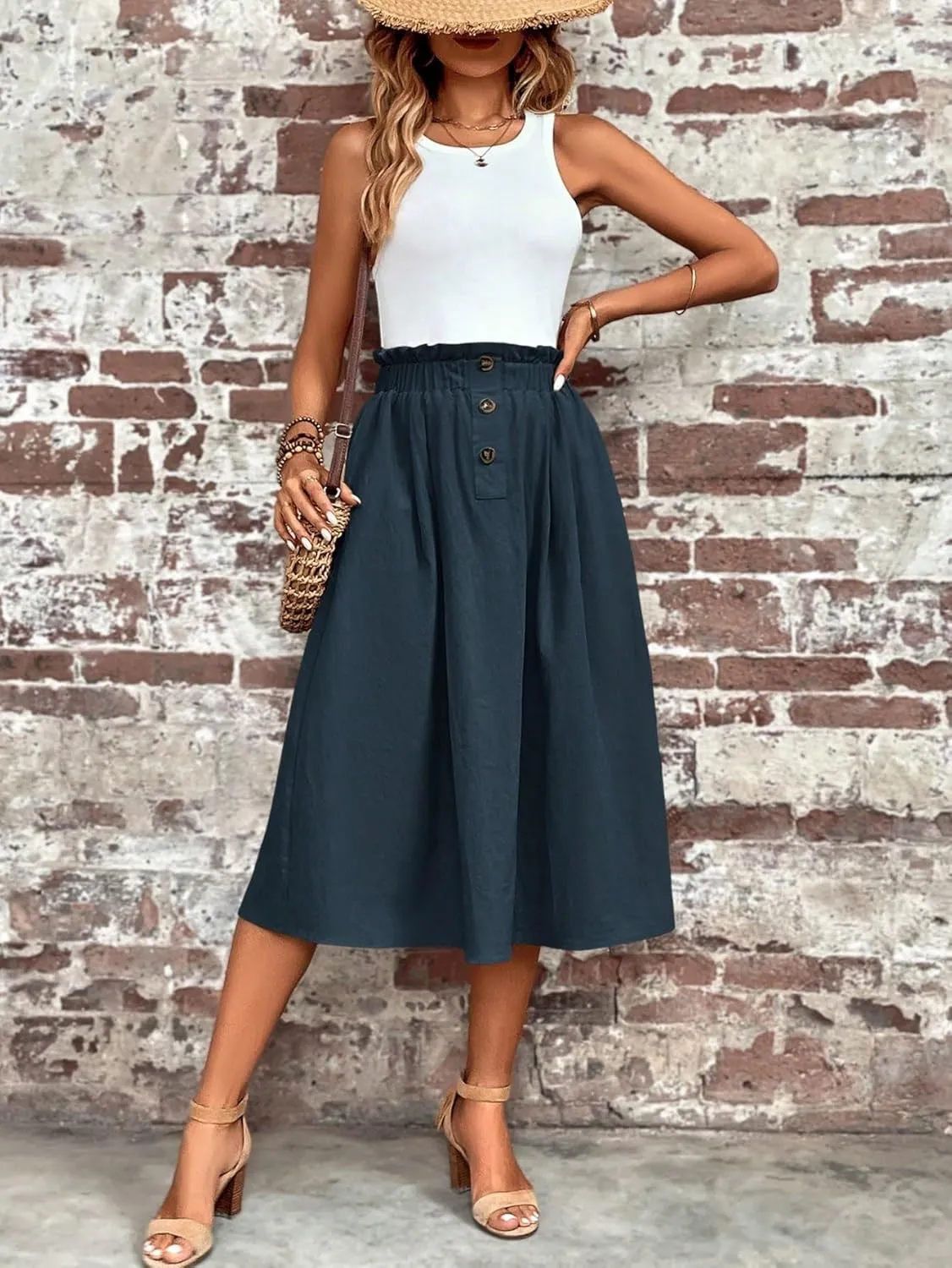 Womens Summer Flowy Skirt Dress Paperbag Waist Pocket Button Midi Skirt