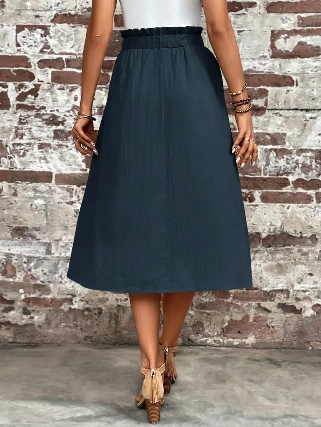 Womens Summer Flowy Skirt Dress Paperbag Waist Pocket Button Midi Skirt