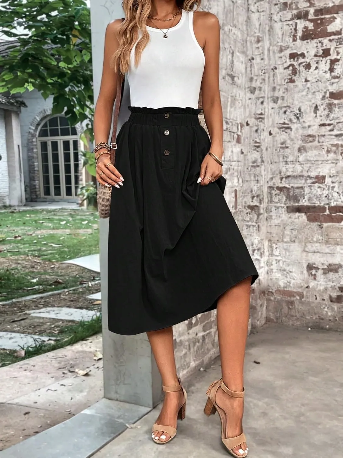Womens Summer Flowy Skirt Dress Paperbag Waist Pocket Solid Midi Skirt