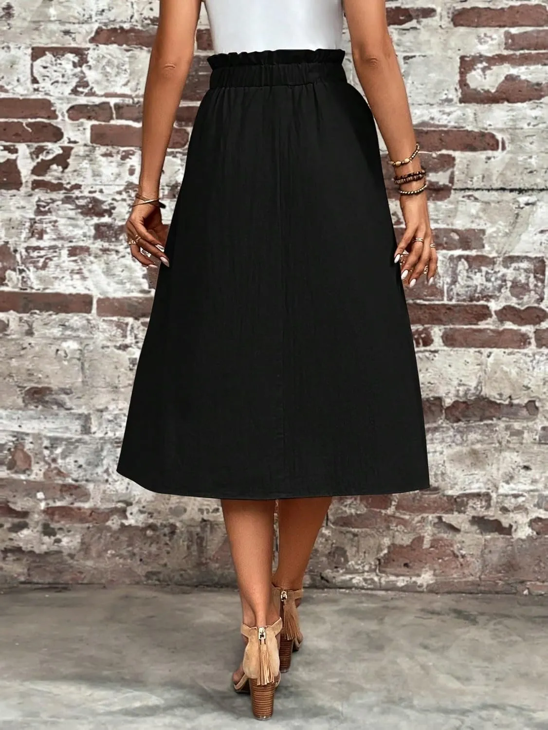 Womens Summer Flowy Skirt Dress Paperbag Waist Pocket Solid Midi Skirt