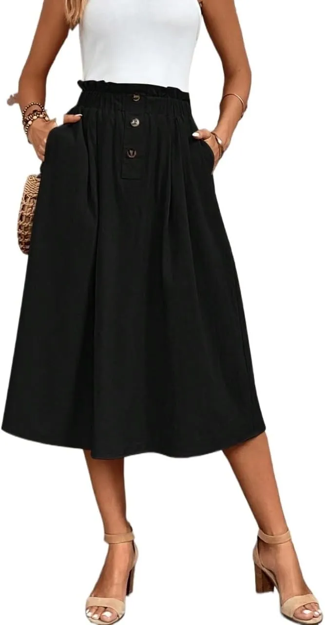 Womens Summer Flowy Skirt Dress Paperbag Waist Pocket Solid Midi Skirt