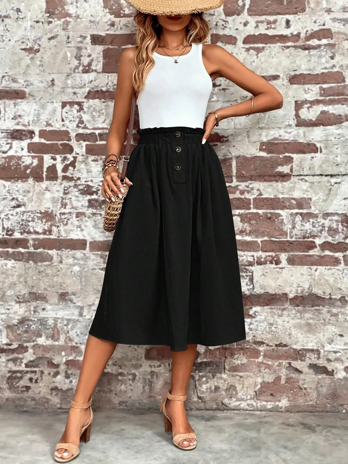 Womens Summer Flowy Skirt Dress Paperbag Waist Pocket Solid Midi Skirt
