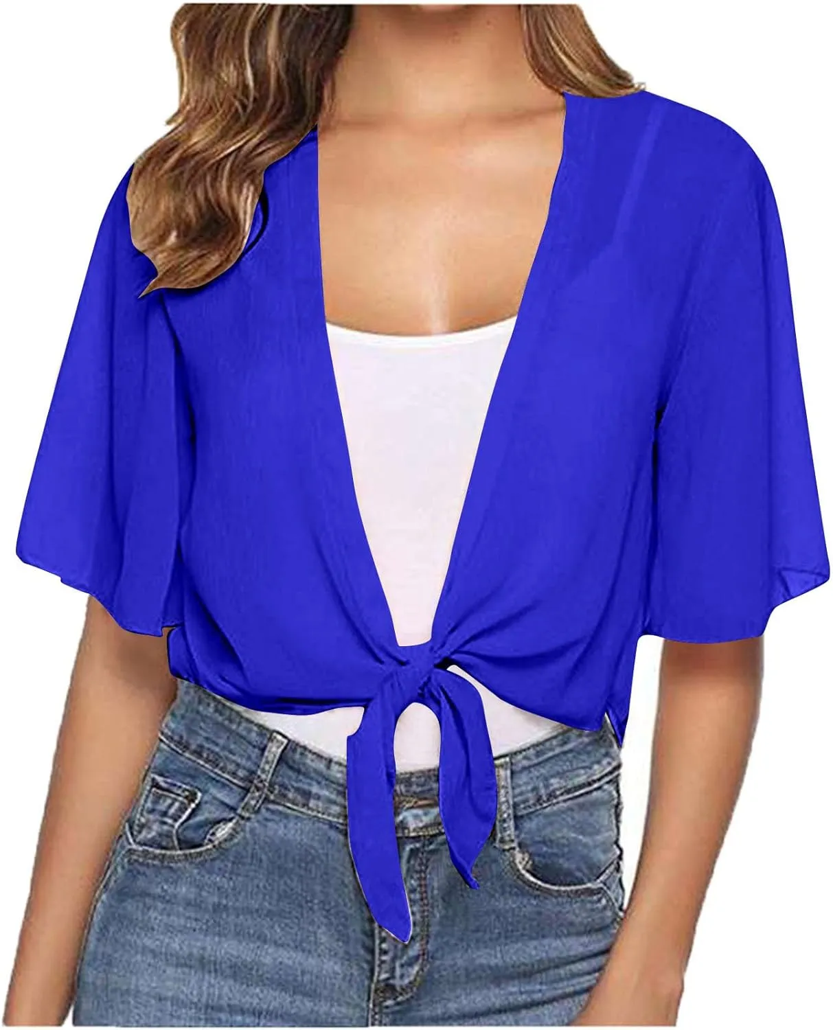 Womens Summer Lightweight Sheer Shrug Tie Front Short Puff Sleeve Cropped Bolero Cardigan Cover Up Shawls Dressy
