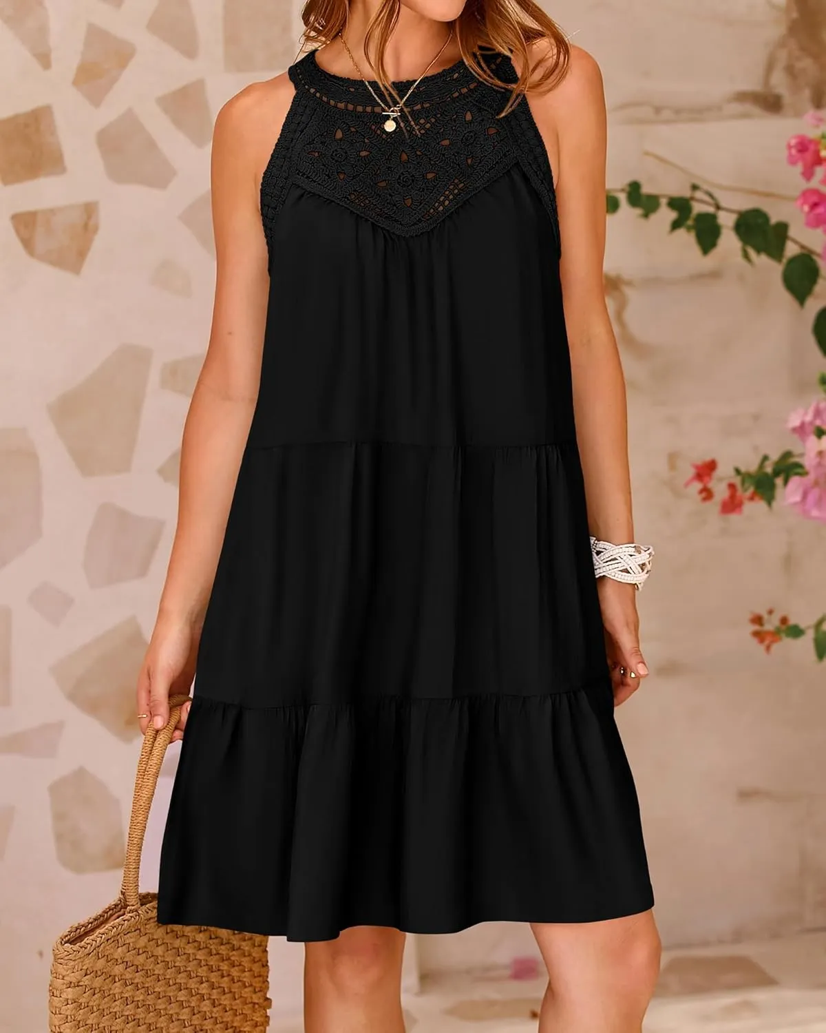 Womens Tiered Swing Cotton Linen Sundress,Hollow Out Halter Casual Sleeveless A Line Mini Dress for Beach Vacation