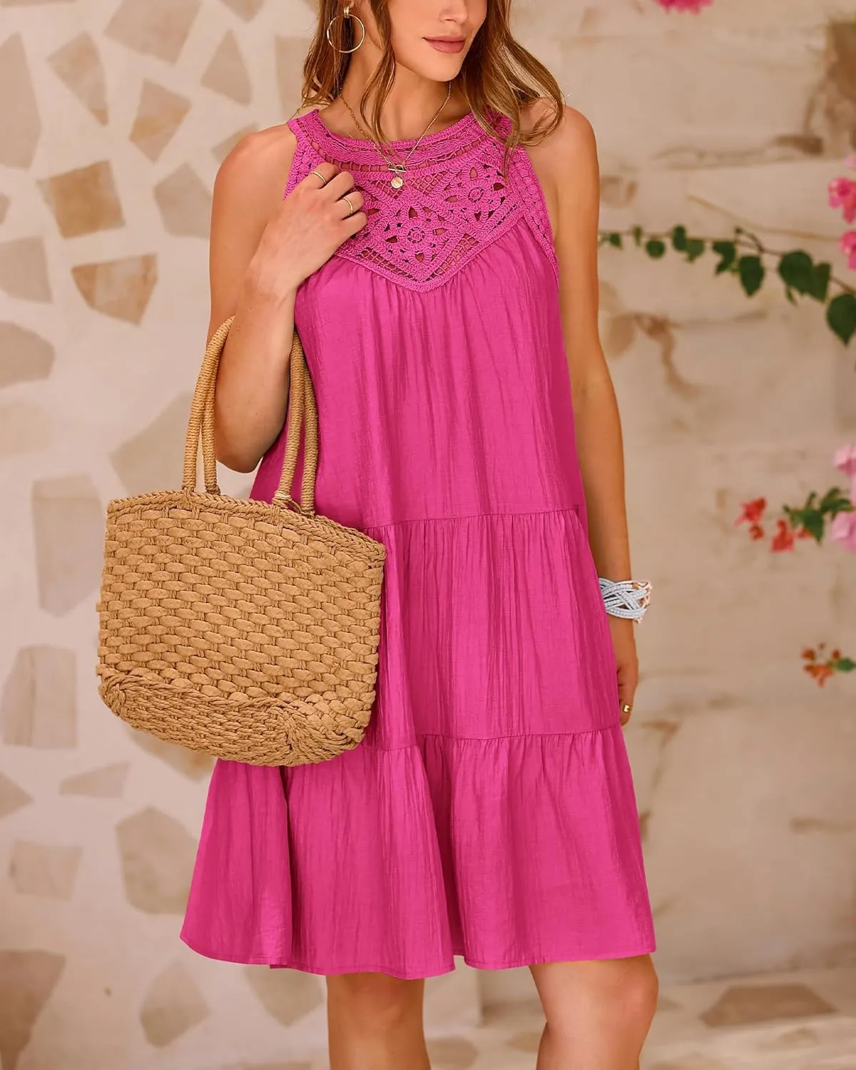 Womens Tiered Swing Cotton Linen Sundress,Hollow Out Halter Casual Sleeveless A Line Mini Dress for Beach Vacation