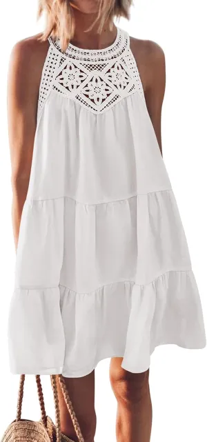 Womens Tiered Swing Cotton Linen Sundress,Hollow Out Halter Casual Sleeveless A Line Mini Dress for Beach Vacation