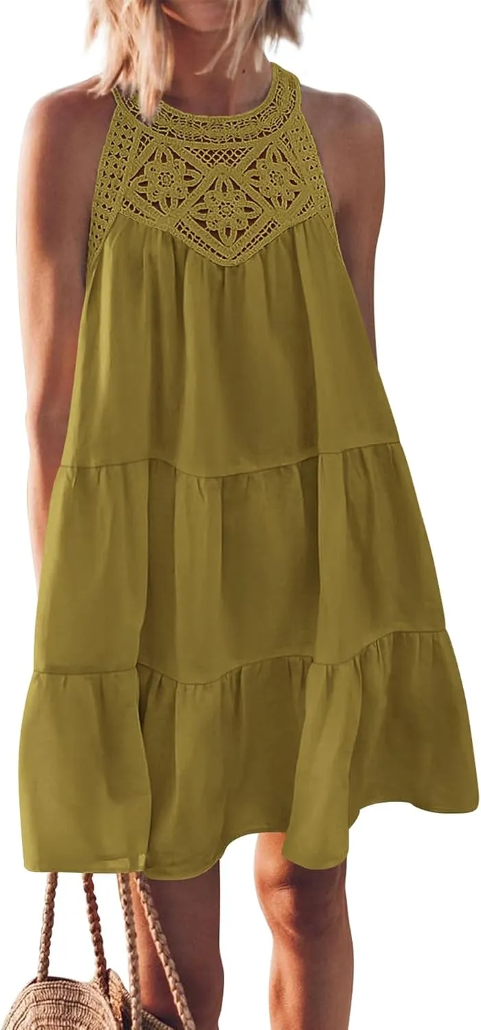 Womens Tiered Swing Cotton Linen Sundress,Hollow Out Halter Casual Sleeveless A Line Mini Dress for Beach Vacation