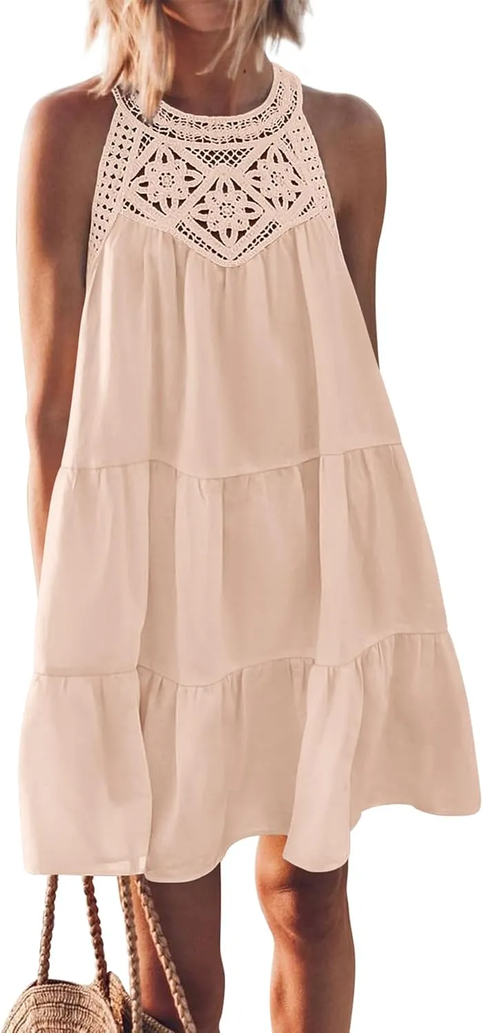 Womens Tiered Swing Cotton Linen Sundress,Hollow Out Halter Casual Sleeveless A Line Mini Dress for Beach Vacation