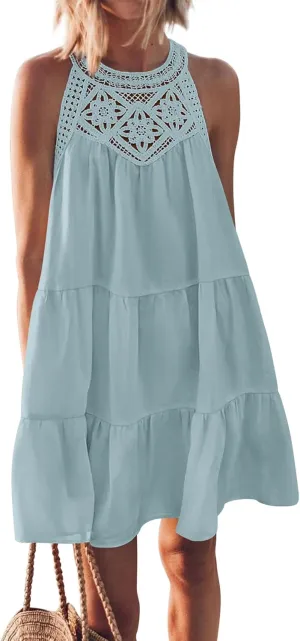 Womens Tiered Swing Cotton Linen Sundress,Hollow Out Halter Casual Sleeveless A Line Mini Dress for Beach Vacation