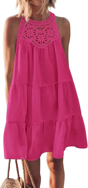 Womens Tiered Swing Cotton Linen Sundress,Hollow Out Halter Casual Sleeveless A Line Mini Dress for Beach Vacation