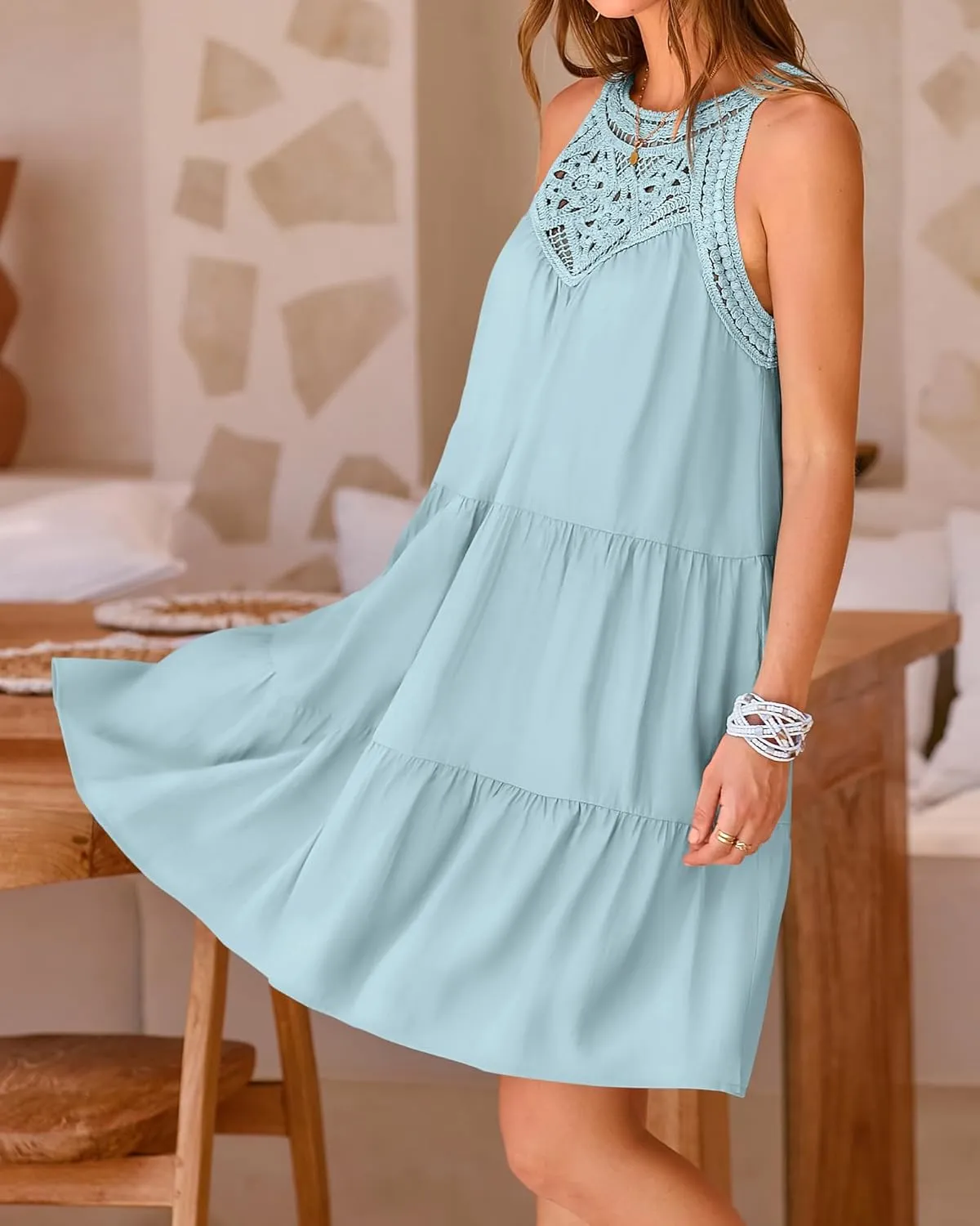 Womens Tiered Swing Cotton Linen Sundress,Hollow Out Halter Casual Sleeveless A Line Mini Dress for Beach Vacation