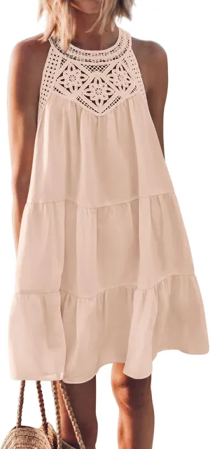 Womens Tiered Swing Cotton Linen Sundress,Hollow Out Halter Casual Sleeveless A Line Mini Dress for Beach Vacation