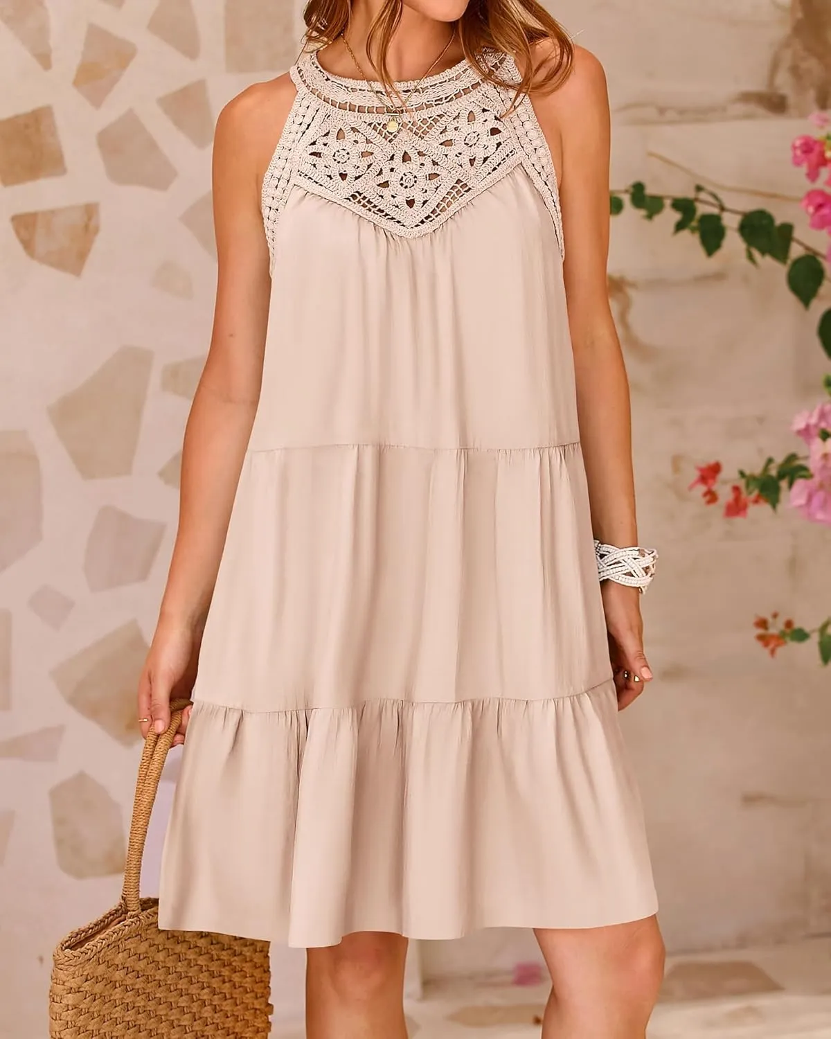 Womens Tiered Swing Cotton Linen Sundress,Hollow Out Halter Casual Sleeveless A Line Mini Dress for Beach Vacation