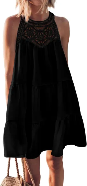 Womens Tiered Swing Cotton Linen Sundress,Hollow Out Halter Casual Sleeveless A Line Mini Dress for Beach Vacation