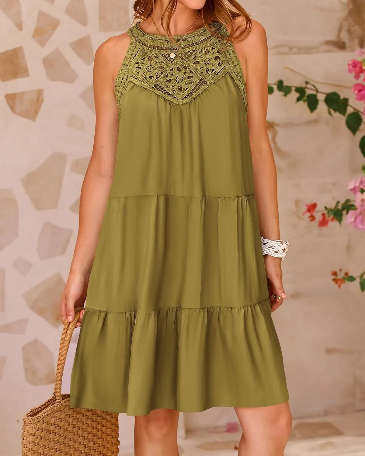 Womens Tiered Swing Cotton Linen Sundress,Hollow Out Halter Casual Sleeveless A Line Mini Dress for Beach Vacation