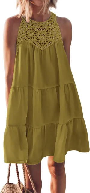 Womens Tiered Swing Cotton Linen Sundress,Hollow Out Halter Casual Sleeveless A Line Mini Dress for Beach Vacation