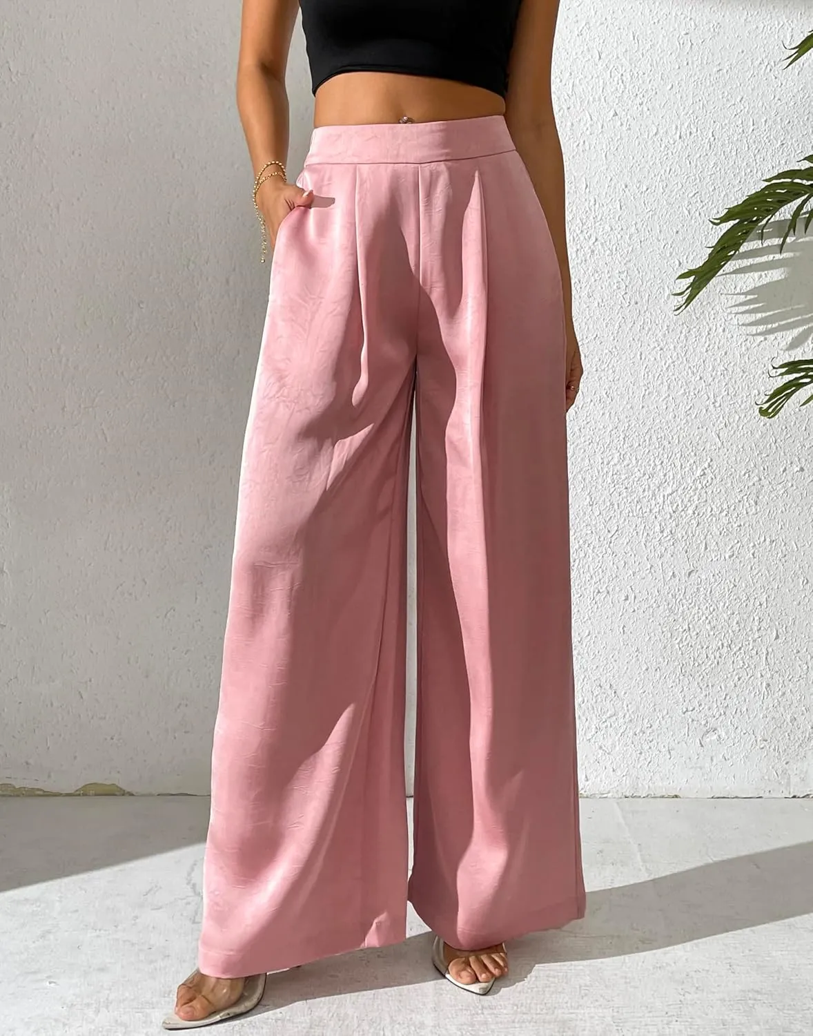 Women's Wide Leg Palazzo Pants Pleated Textured Silky Dress Casual High Waist Pant Trouser