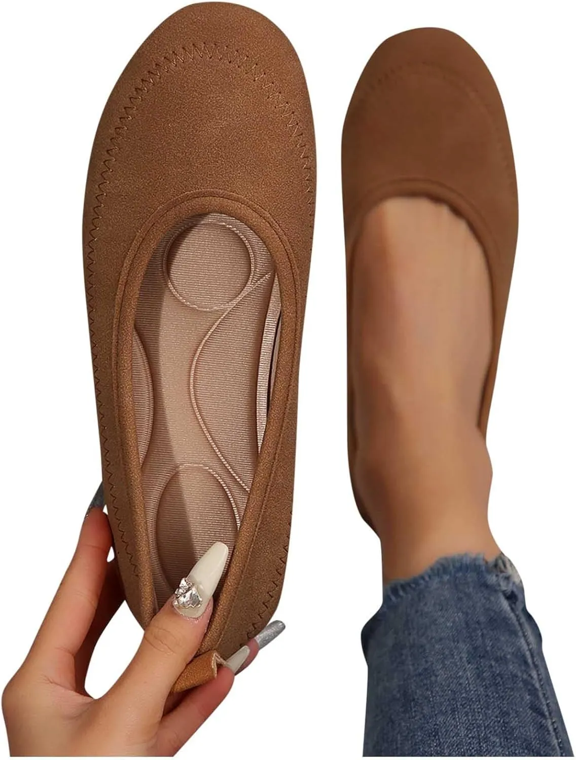 Womens Wide Width Flat Shoes Suede Classic Comfort Round Toe Ballet Flats Simple Plain Ballerine Shoes Everyday Wear