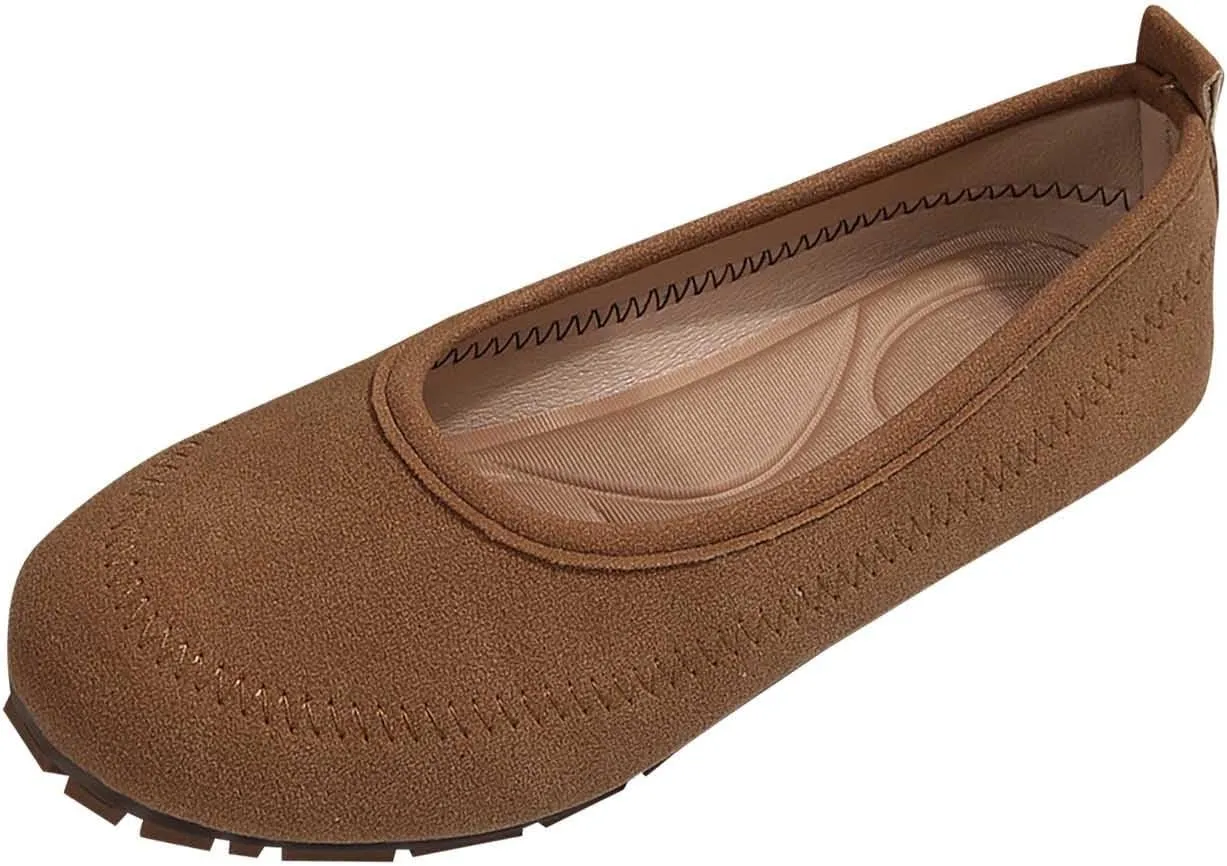 Womens Wide Width Flat Shoes Suede Classic Comfort Round Toe Ballet Flats Simple Plain Ballerine Shoes Everyday Wear