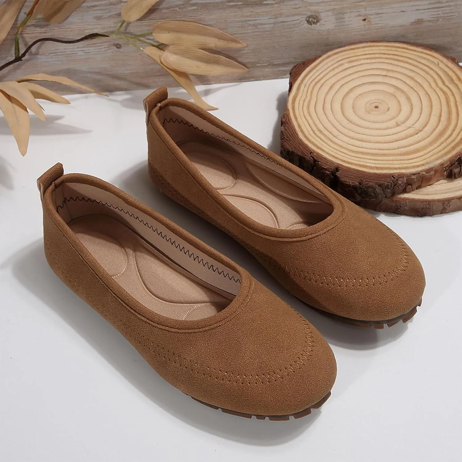 Womens Wide Width Flat Shoes Suede Classic Comfort Round Toe Ballet Flats Simple Plain Ballerine Shoes Everyday Wear
