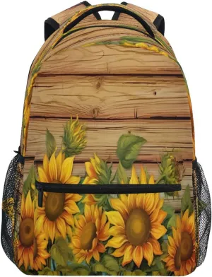 Wood Grain Sunflower Laptop Backpack Lightweight Waterproof College Backpacks Casual Travel Daypack Backpacks for Men Women