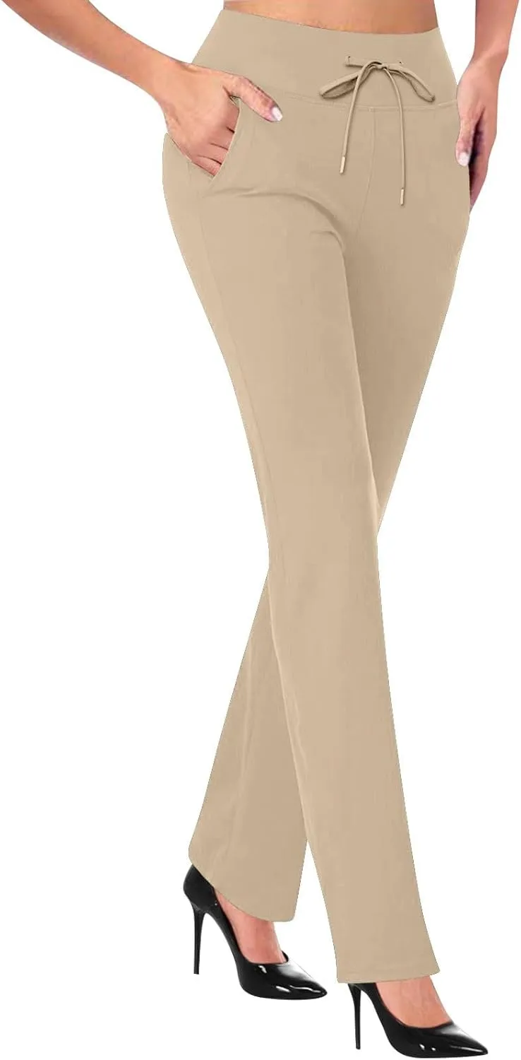 Work Pants for Women Trendy Drawstring High Waisted Pant Slim Fit Butt Lifting Straight Leg Trousers with Pockets